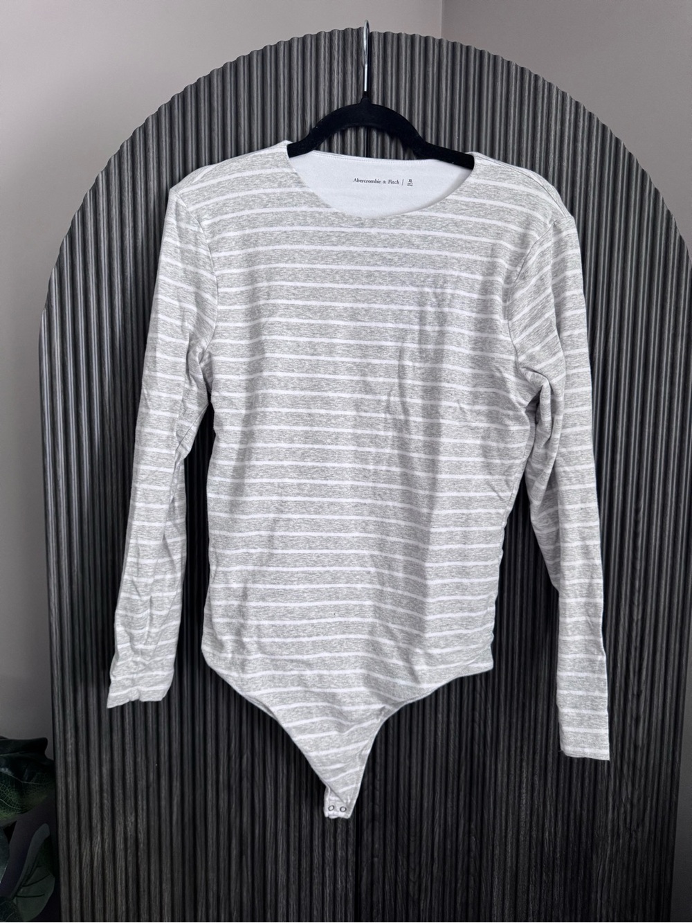 Abercrombie & Fitch Light Gray and White Striped Long-Sleeve Bodysuit Tee